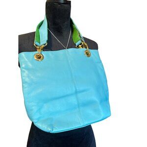 💖Aqua & Green Leather Tote Bag With Gold Hardware